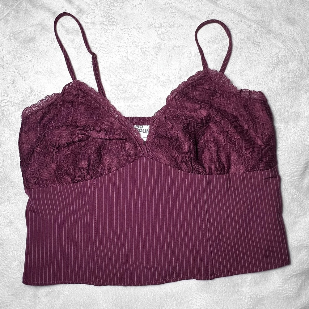 No Boundaries Lace and Pinstripe Bralette Crop Top - Wine Color